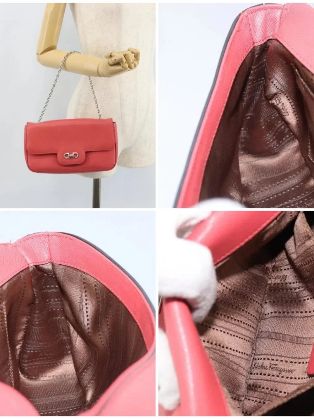 Salvatore Ferragamo Gancini Chain Shoulder Bag Leather Pink Silver Auth AMZ563A